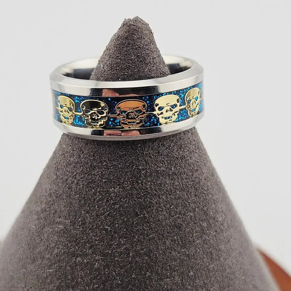 Silver Tone Skull Print Blue Glitter Ring Whimsigoth Punk Alternative Size 8